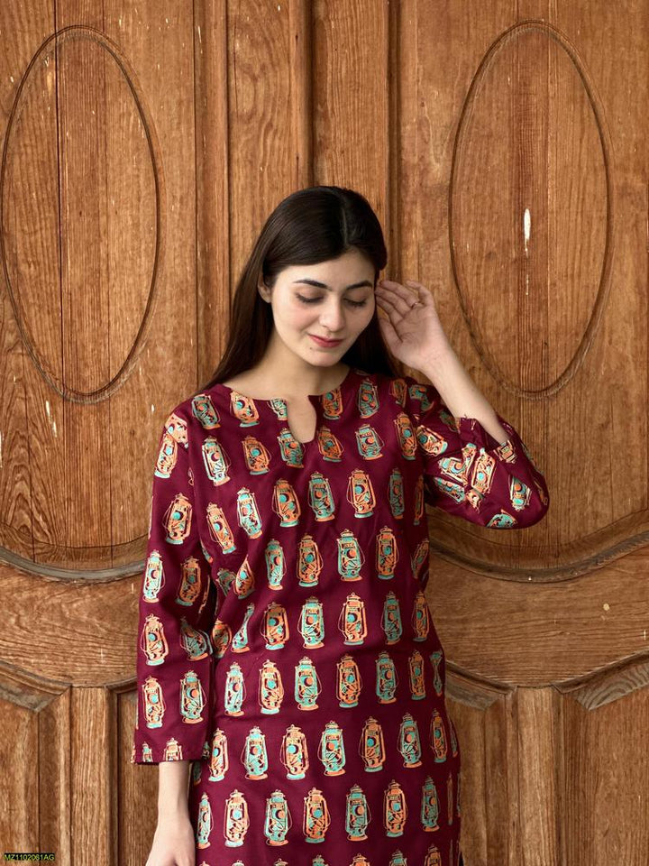 Two PCs women stitched printed Arabic lawn suite shirt and trouser t4trendz