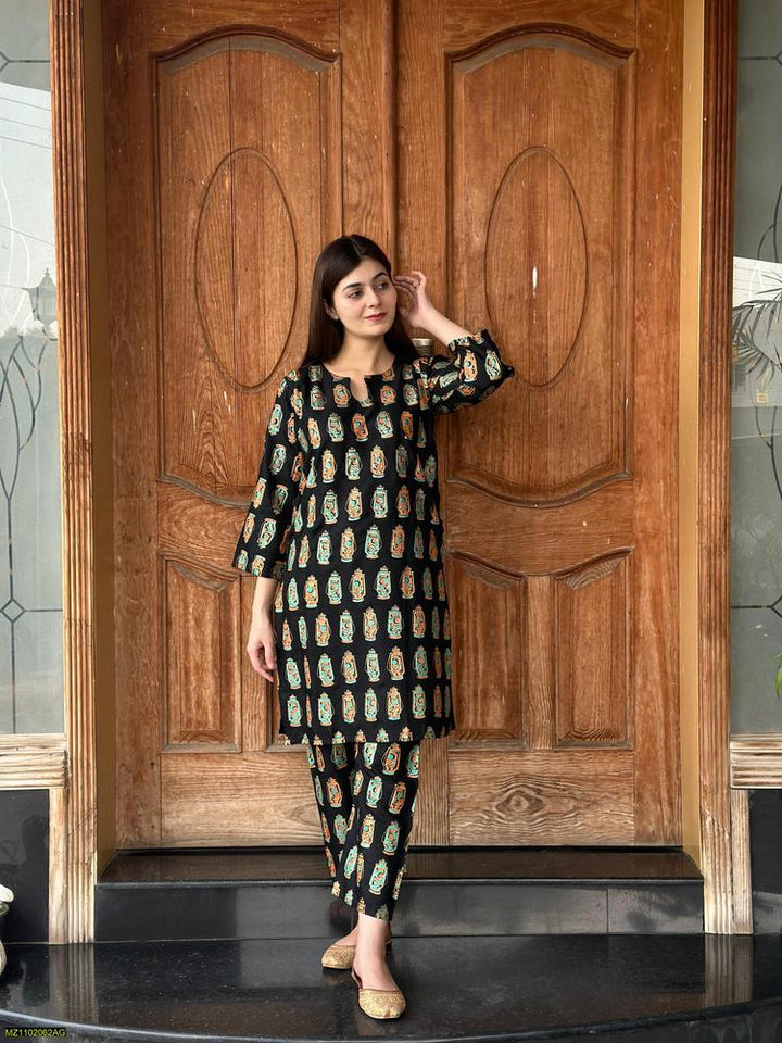 Two PCs women stitched printed Arabic lawn suite shirt and trouser t4trendz