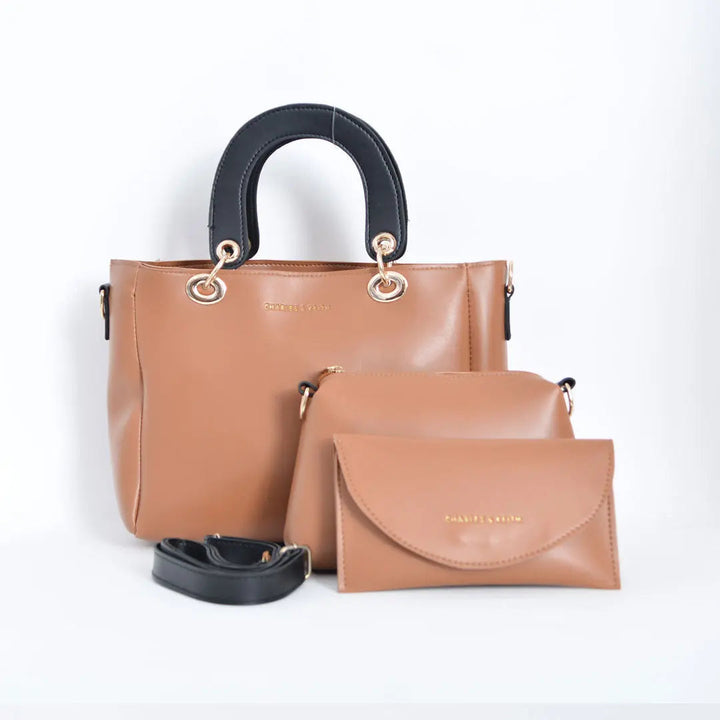3 PIECES HANDBAG WITH 2 COMPARTMENTS BROWN t4trendz