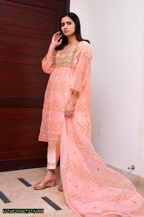 3 PCs women stitched organza embroidered suite t4trendz
