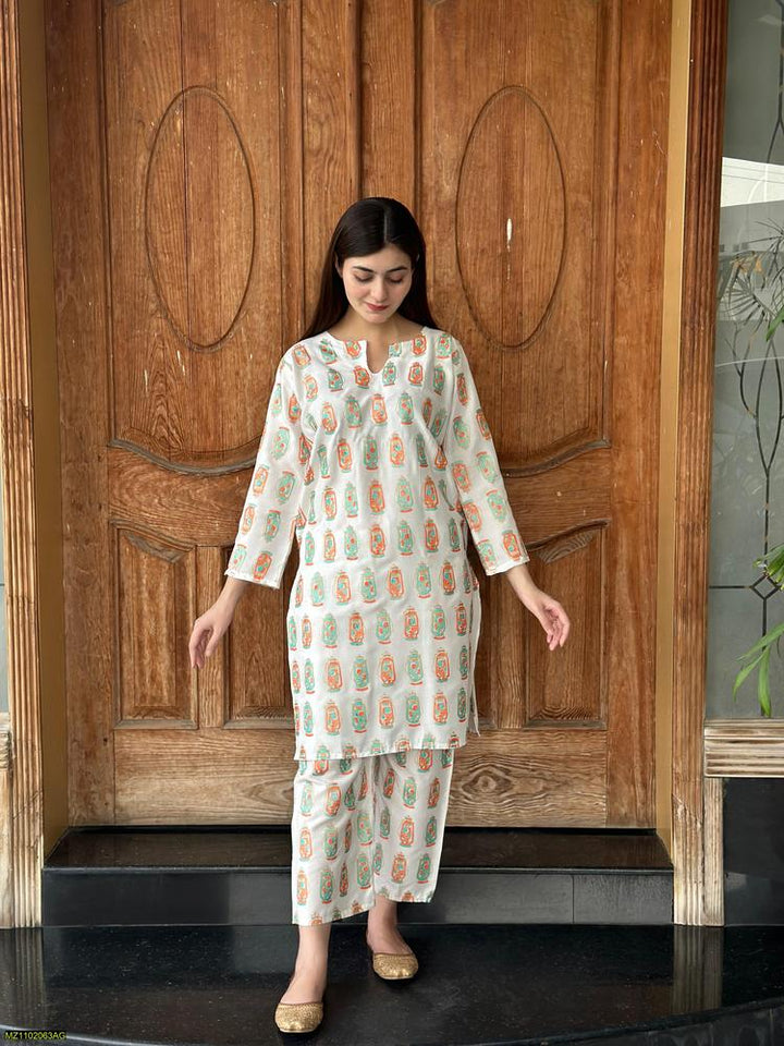 Two PCs women stitched printed Arabic lawn suite shirt and trouser t4trendz