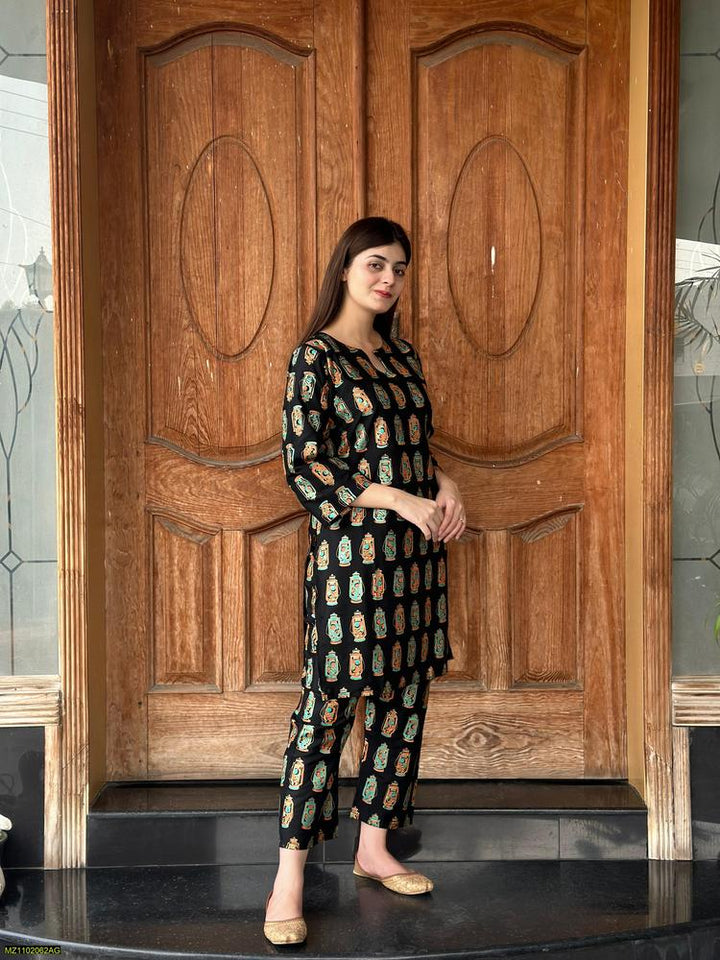 Two PCs women stitched printed Arabic lawn suite shirt and trouser t4trendz