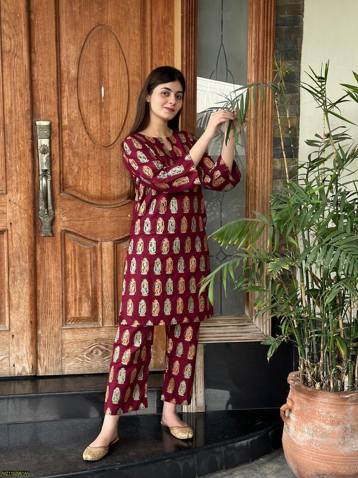 Two PCs women stitched printed Arabic lawn suite shirt and trouser t4trendz
