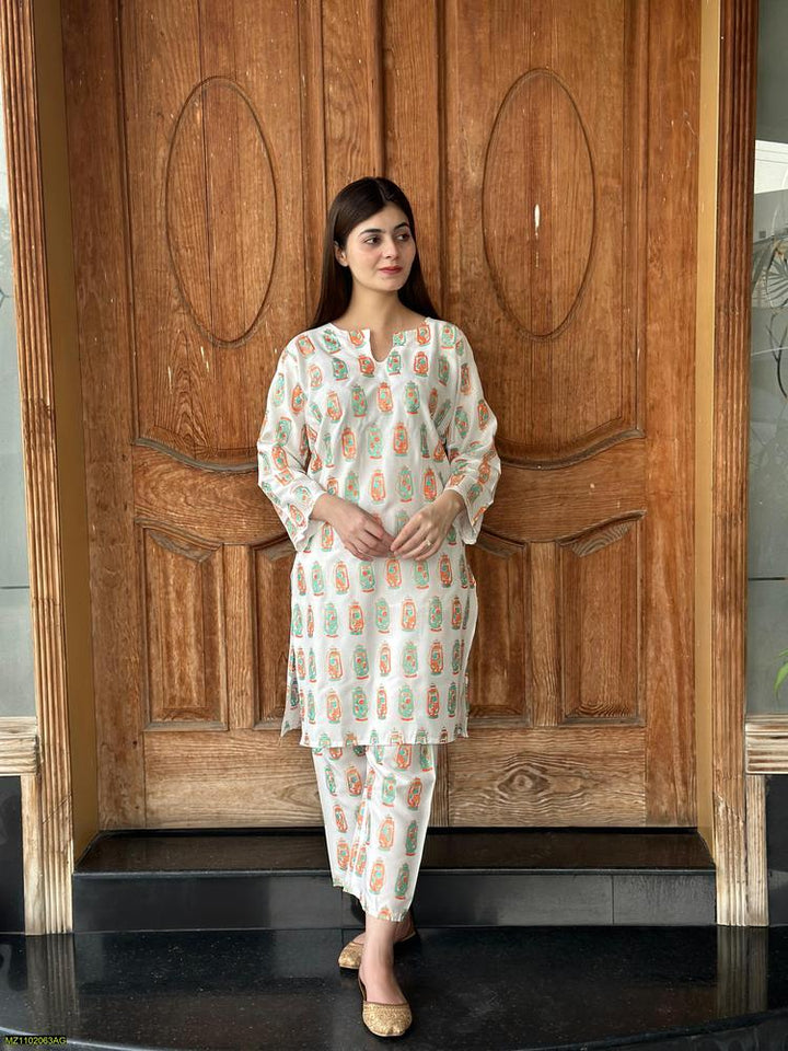 Two PCs women stitched printed Arabic lawn suite shirt and trouser t4trendz