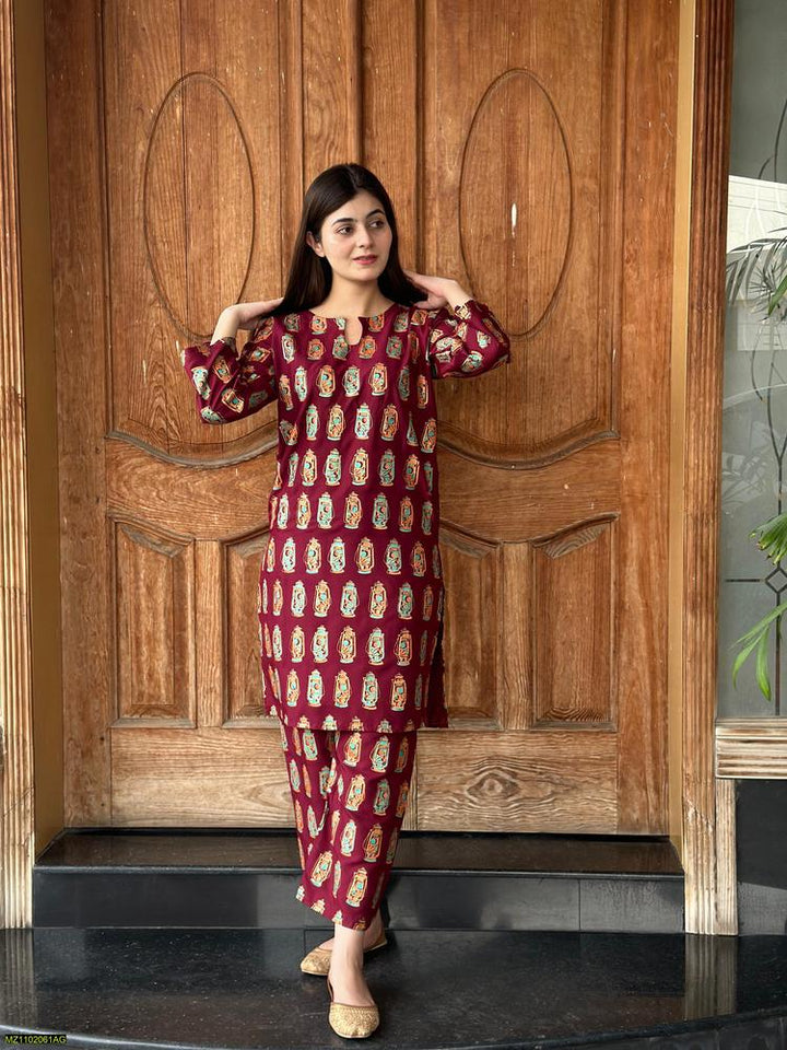 Two PCs women stitched printed Arabic lawn suite shirt and trouser t4trendz
