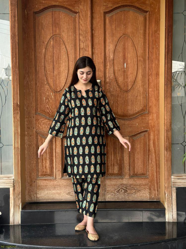 Two PCs women stitched printed Arabic lawn suite shirt and trouser t4trendz