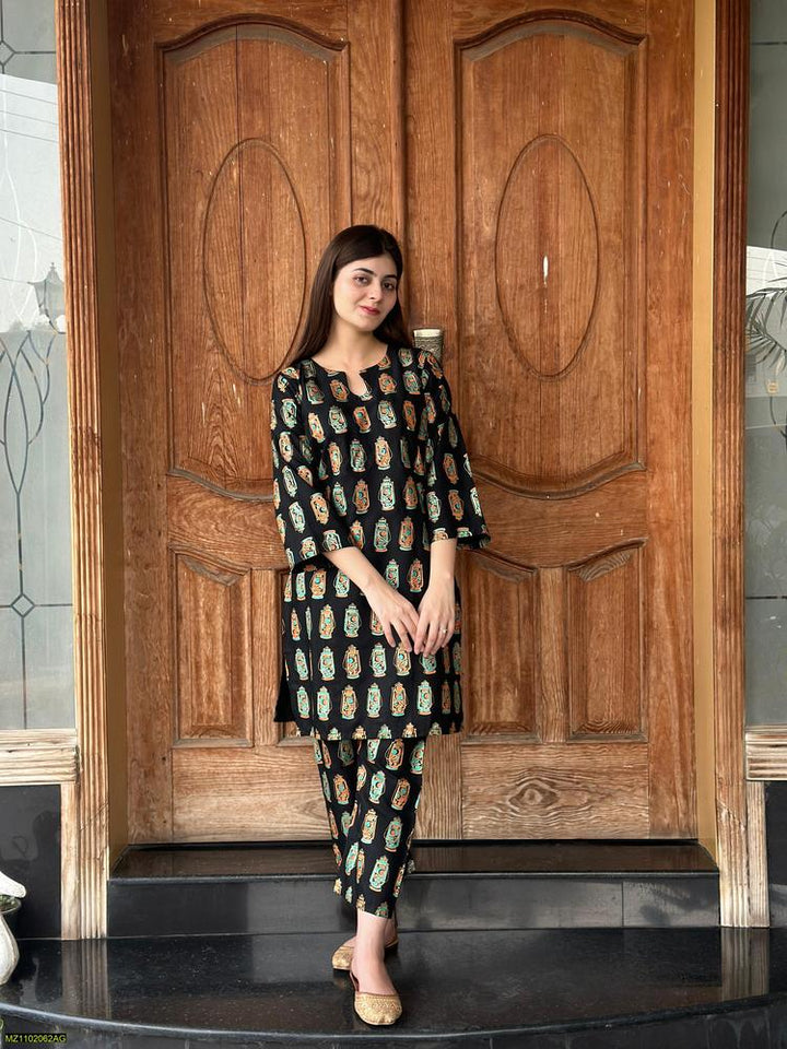 Two PCs women stitched printed Arabic lawn suite shirt and trouser t4trendz