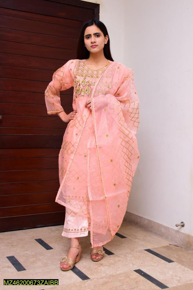 3 PCs women stitched organza embroidered suite t4trendz