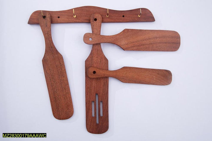 4 PCs wooden spatula spoons set with stand Markaz
