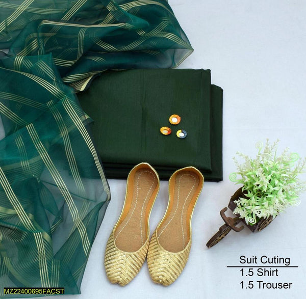 3 PCs women unstitched fancy silk plain suite with khussa t4trendz